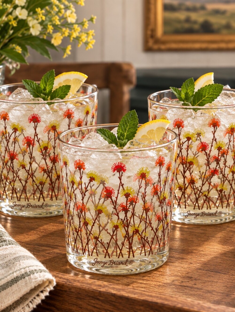 Georges Briard "Field Flowers" / Wildflower Lowball Glasses Set Of 3